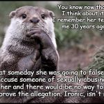 Prove the Negative | You know now that I think about it, I remember her telling me 30 years ago; that someday she was going to falsely accuse someone of sexually abusing her and there would be no way to disprove the allegation. Ironic, isn't it? | image tagged in otter thoughts,lies,accusations,falsehoods,politics | made w/ Imgflip meme maker
