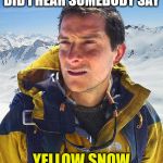 Bear Gryls knows his snow | DID I HEAR SOMEBODY SAY; YELLOW SNOW | image tagged in bear gryls,yellow snow | made w/ Imgflip meme maker