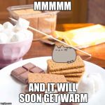 Gonna get warm | MMMMM; AND IT WILL SOON GET WARM | image tagged in pusheen sleeps | made w/ Imgflip meme maker