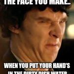 Disgusted sherlock | THE FACE YOU MAKE.. WHEN YOU PUT YOUR HAND'S IN THE DIRTY DISH WATER | image tagged in disgusted sherlock | made w/ Imgflip meme maker