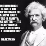 Mark Twain | “THE DIFFERENCE BETWEEN THE RIGHT WORD AND THE ALMOST RIGHT WORD IS REALLY A LARGE MATTER — IT’S THE DIFFERENCE BETWEEN LIGHTNING AND A LIGHTNING BUG”; MARK TWAIN | image tagged in mark twain | made w/ Imgflip meme maker