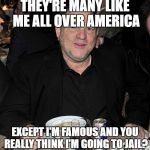 Harvey Weinstein | THEY'RE MANY LIKE ME ALL OVER AMERICA; EXCEPT I'M FAMOUS AND YOU REALLY THINK I'M GOING TO JAIL? | image tagged in harvey weinstein | made w/ Imgflip meme maker