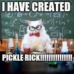 Teacher Cat | I HAVE CREATED PICKLE RICK!!!!!!!!!!!!!!! | image tagged in teacher cat | made w/ Imgflip meme maker