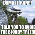 car in tree | DAMN IT, RON!!! I TOLD YOU TO AVOID THE BLOODY TREE!!! | image tagged in car in tree | made w/ Imgflip meme maker