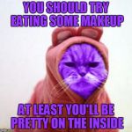 Sullen RayCat | YOU SHOULD TRY EATING SOME MAKEUP; AT LEAST YOU'LL BE PRETTY ON THE INSIDE | image tagged in sullen raycat,memes | made w/ Imgflip meme maker
