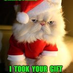 Santa Grumpy Cat | YEA,  IT'S  CHRISTMAS; I  TOOK  YOUR  GIFT  OUT  OF  THE  LITTER  BOX. | image tagged in santa grumpy cat | made w/ Imgflip meme maker
