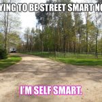 dirt road | I AIN’T TRYING TO BE STREET SMART NOR BOOKS; I’M SELF SMART. | image tagged in dirt road | made w/ Imgflip meme maker
