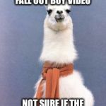 sassy llama | INTERVIEWING FOR THAT FALL OUT BOY VIDEO; NOT SURE IF THE SCARF WAS NECESSARY | image tagged in sassy llama | made w/ Imgflip meme maker