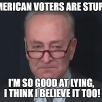 Chuck Schumer Crying | AMERICAN VOTERS ARE STUPID; I'M SO GOOD AT LYING, I THINK I BELIEVE IT TOO! | image tagged in chuck schumer crying | made w/ Imgflip meme maker