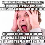 The Day of Snowflake Reckoning | AFTER BEING SOCIALLY AND POLITICALLY CONDITIONED BY PUBLIC EDUCATION, PROFESSORS AND MEDIA FOR HIS ENTIRE LIFE; HE WOKE UP ONE DAY WITH THE INEXPLICABLE URGE TO THINK FOR HIMSELF, AND THE PAIN WAS UNBEARABLE | image tagged in screaming man,think about it,snowflakes,mainstream media,personal responsibility | made w/ Imgflip meme maker