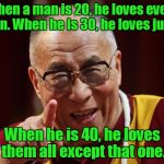 dalai lama | When a man is 20, he loves every woman. When he is 30, he loves just one. When he is 40, he loves them all except that one. | image tagged in dalai lama | made w/ Imgflip meme maker