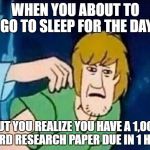 Scooby Doo Shaggy  | WHEN YOU ABOUT TO GO TO SLEEP FOR THE DAY; BUT YOU REALIZE YOU HAVE A 1,000 WORD RESEARCH PAPER DUE IN 1 HOUR | image tagged in scooby doo shaggy | made w/ Imgflip meme maker