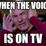Captain Picard Covering Ears | WHEN THE VOICE; IS ON TV | image tagged in captain picard covering ears | made w/ Imgflip meme maker