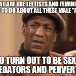 Anybody taking bets on who will be the next deviant to be exposed?  | WHAT ARE THE LEFTISTS AND FEMINISTS GOING TO DO ABOUT ALL THESE MALE "ALLIES"; WHO TURN OUT TO BE SEXUAL PREDATORS AND PERVERTS? | image tagged in cosby seriously,leftists,feminists,al franken,sexual harassment | made w/ Imgflip meme maker