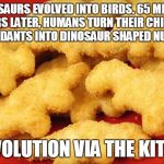 Dinosaur chicken nuggets  | DINOSAURS EVOLVED INTO BIRDS. 65 MILLION YEARS LATER, HUMANS TURN THEIR CHICKEN DESCENDANTS INTO DINOSAUR SHAPED NUGGETS; DE-EVOLUTION VIA THE KITCHEN | image tagged in dinosaur chicken nuggets | made w/ Imgflip meme maker