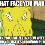 I hate having to use a school's computer. | THAT FACE YOU MAKE; WHEN YOU REALIZE ITS NSFW WEEKEND AND YOU USE A SCHOOL COMPUTER | image tagged in nsfw weekend,that face you make,school,computer | made w/ Imgflip meme maker