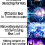 Me trying to study for a test | Studying for a test; Browsing memes instead of studying for test; Skipping test to browse memes; Browsing memes while writing the test; Writing memes on the test and posting it on the internet to browse them later; Writing all the correct answers on the test by expressing them indirectly 
through memes in such a way that no normies can interpret them | image tagged in expanding brain extended,studying,memes | made w/ Imgflip meme maker