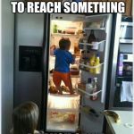 baby getting food from fridge | WHEN YOUR TRY TO REACH SOMETHING; BUT YOU CAN'T | image tagged in baby getting food from fridge | made w/ Imgflip meme maker