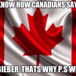 canadian flag | WANNA KNOW HOW CANADIANS SAY SORRY? JUSTIN BIEBER, THATS WHY P.S WERE NICE | image tagged in canadian flag | made w/ Imgflip meme maker