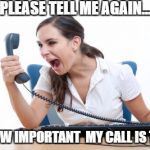 Thank you for holding | PLEASE TELL ME AGAIN... JUST HOW IMPORTANT 
MY CALL IS TO YOU! | image tagged in customer service,stay at home mom | made w/ Imgflip meme maker