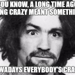 charles manson | YOU KNOW, A LONG TIME AGO BEING CRAZY MEANT SOMETHING. NOWADAYS EVERYBODY'S CRAZY. | image tagged in charles manson | made w/ Imgflip meme maker