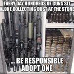 Guns | EVERY DAY HUNDREDS OF GUNS SIT ALONE COLLECTING DUST AT THE STORE; ... BE RESPONSIBLE ADOPT ONE | image tagged in guns | made w/ Imgflip meme maker