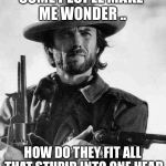 Clint Eastwood | SOME PEOPLE MAKE ME WONDER .. HOW DO THEY FIT ALL THAT STUPID INTO ONE HEAD | image tagged in clint eastwood | made w/ Imgflip meme maker