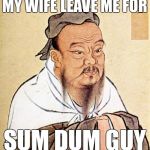 dope chinese wise man | MY WIFE LEAVE ME FOR; SUM DUM GUY | image tagged in dope chinese wise man | made w/ Imgflip meme maker