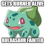 Pokemon Bulbasaur | GETS BURNED ALIVE; BULBASAUR FAINTED | image tagged in pokemon bulbasaur | made w/ Imgflip meme maker