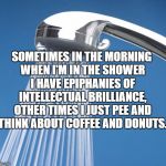 Shower | SOMETIMES IN THE MORNING WHEN I'M IN THE SHOWER I HAVE EPIPHANIES OF INTELLECTUAL BRILLIANCE, OTHER TIMES I JUST PEE AND THINK ABOUT COFFEE AND DONUTS. | image tagged in shower,morning,memes,funny,coffee,donuts | made w/ Imgflip meme maker