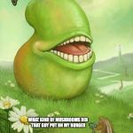 Lol wut pear | WHAT KIND OF MUSHROOMS DID THAT GUY PUT ON MY BURGER | image tagged in lol wut pear | made w/ Imgflip meme maker
