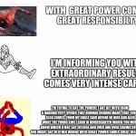 increasingly verbose memes | WITH  GREAT POWER COMES GREAT RESPONSIBILTY; I'M INFORMING YOU WITH EXTRAORDINARY RESULTS COMES VERY INTENSE CARING; I'M TRYING TO SAY THE POWERE I GOT BIT WITH FROM A RADIOACTIVTY SPIDER THAT NORMAN OSBORN MADE , THAT THERE ALSO COMES   FROM MY UNCLE SAID BEFORE HE DIED AND ALSO WHAT THE YOUNG KIDS LEARN IN KINDERGARTEN WHICH YOU MUST KNOW WHICH U MAY SAY INTENSE AND OVER AND OVER CARING SO AS ONE MIGHT SAY IN OTHER WORDS WITH GREAT POWER COMES GREAT RESPONBILTY | image tagged in increasingly verbose memes,dank memes,memes,spider man memes | made w/ Imgflip meme maker