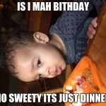 Zoe | IS I MAH BITHDAY; NO SWEETY ITS JUST DINNER | image tagged in zoe | made w/ Imgflip meme maker