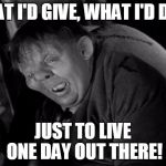 Quasimodo | WHAT I'D GIVE, WHAT I'D DARE; JUST TO LIVE ONE DAY OUT THERE! | image tagged in quasimodo | made w/ Imgflip meme maker