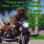 Chewbacca and Yoda | I'll never forget what we shared that summer"; "Things were different then, a time of discovery... - Chewie | image tagged in chewbacca and yoda | made w/ Imgflip meme maker