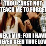 romeo and juliet | THOU CANST NOT TEACH ME TO FORGET; NEXT MIN: FOR I HAVE NEVER SEEN TRUE LOVE | image tagged in romeo and juliet | made w/ Imgflip meme maker
