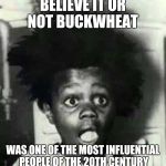 buckwheat surprised | BELIEVE IT OR NOT BUCKWHEAT; WAS ONE OF THE MOST INFLUENTIAL PEOPLE OF THE 20TH CENTURY | image tagged in buckwheat surprised | made w/ Imgflip meme maker