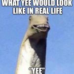 Yee in real life lol | WHAT YEE WOULD LOOK LIKE IN REAL LIFE; “YEE” | image tagged in dino yee,memes,yee,dinosaur | made w/ Imgflip meme maker