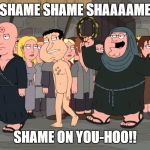 Family Guy Shame | SHAME SHAME SHAAAAME; SHAME ON YOU-HOO!! | image tagged in family guy shame | made w/ Imgflip meme maker