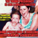 Roller coaster kid | THE TRUMP PRESIDENCY IS LIKE A ROLLER COASTER; FUTURE SNOWFLAKE BASEMENT DWELLING MAMA'S BOY>>>>; SOME PEOPLE FIND IT THRILLING WHILE OTHERS ARE SCARED SH!ITLESS | image tagged in roller coaster kid | made w/ Imgflip meme maker