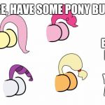 pony butts | HERE, HAVE SOME PONY BUTTS; BECAUSE JESUS IS AN ASSHOLE AND YOU WON'T GET ANY FROM HIM | image tagged in pony butts,jesus,my little pony,nsfw | made w/ Imgflip meme maker