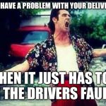 Ace Ventura  | YOU HAVE A PROBLEM WITH YOUR DELIVERY? THEN IT JUST HAS TO BE THE DRIVERS FAULT! | image tagged in ace ventura | made w/ Imgflip meme maker
