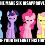 Angry Ponies(Mane 6) | THE MANE SIX DISAPPROVES; OF YOUR INTERNET HISTORY | image tagged in angry poniesmane 6 | made w/ Imgflip meme maker