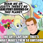 Kirk/My little Pony | SANE PONY AROUND; NO SH!T, CAPTAIN!  THAT'S WHAT MAKES THEM SO AWESOME! | image tagged in kirk/my little pony | made w/ Imgflip meme maker