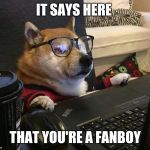 Doggo glasses | IT SAYS HERE; THAT YOU'RE A FANBOY | image tagged in doggo glasses | made w/ Imgflip meme maker