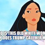 Elizabeth Warren just can't get off the hook with Trump | WHO IS THIS OLD WHITE WOMAN, AND WHY DOES TRUMP CALL HER MY NAME? | image tagged in disney pocohontas,disney,elizabeth warren,donald trump,politics | made w/ Imgflip meme maker