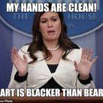 sarah huckabee sanders  | MY HANDS ARE CLEAN! MY HEART IS BLACKER THAN BEAR SHIT! | image tagged in sarah huckabee sanders | made w/ Imgflip meme maker