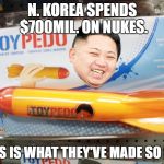 North Korea Rocket  | N. KOREA SPENDS $700MIL. ON NUKES. THIS IS WHAT THEY'VE MADE SO FAR | image tagged in north korea rocket | made w/ Imgflip meme maker