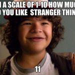 Stranger Things | ON A SCALE OF 1-10 HOW MUCH DO YOU LIKE  STRANGER THINGS; 11 | image tagged in stranger things | made w/ Imgflip meme maker