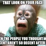 surprized monkey | THAT LOOK ON YOUR FACE; WHEN THE PEOPLE YOU THOUGHT WERE DECENT AREN'T SO DECENT AFTER ALL. | image tagged in surprized monkey | made w/ Imgflip meme maker